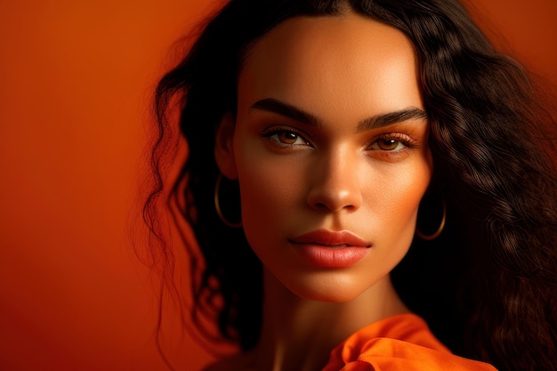 Une femme avec une robe orange vif et une chemise orange vif.