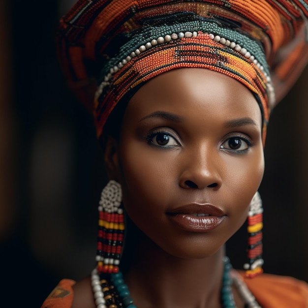 Une femme avec une robe orange vif et de grandes boucles d'oreilles