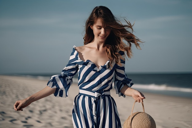 Une femme en robe rayée sur la plage tenant Generative Ai