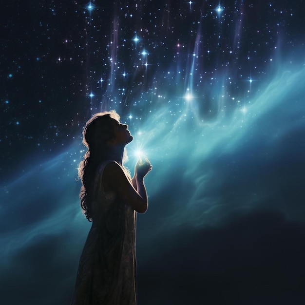 une femme en robe regardant les étoiles.