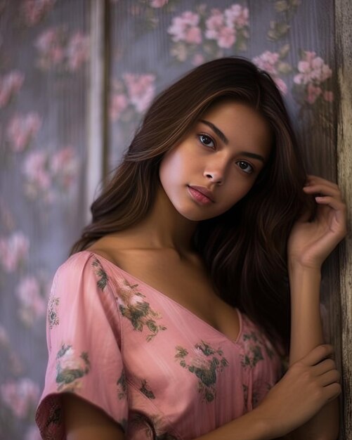 une femme avec une robe rose et une chemise à fleurs