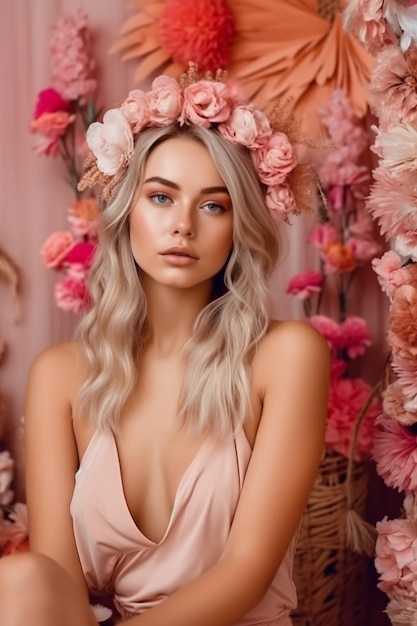 Une femme en robe rose avec une couronne de fleurs