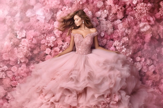 Photo une femme en robe rose est allongée dans un parterre de fleurs.