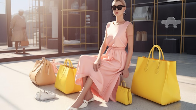 Une femme en robe rose est assise sur un trottoir devant un magasin avec des sacs jaunes.