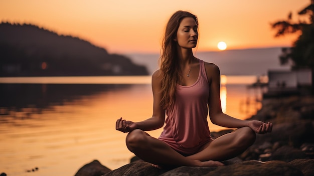 Photo une femme en robe rose fait des exercices de yoga dans le parc.