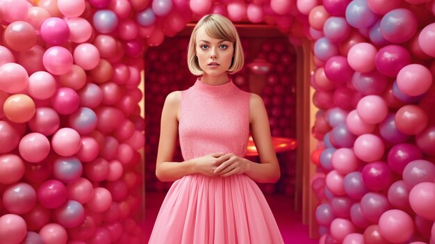 Photo une femme en robe rose se tient devant une arche de ballons roses.