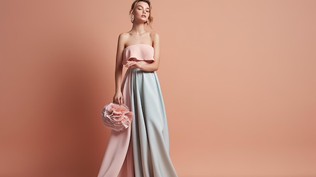 Une femme en robe rose tient un bouquet de fleurs.