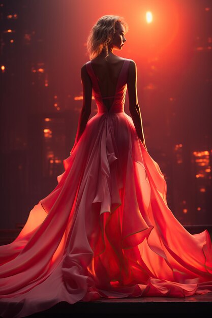 Une femme en robe rose