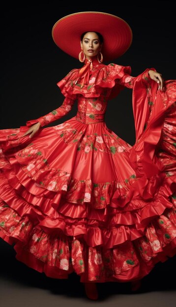 une femme en robe rouge avec un arbre de Noël à droite