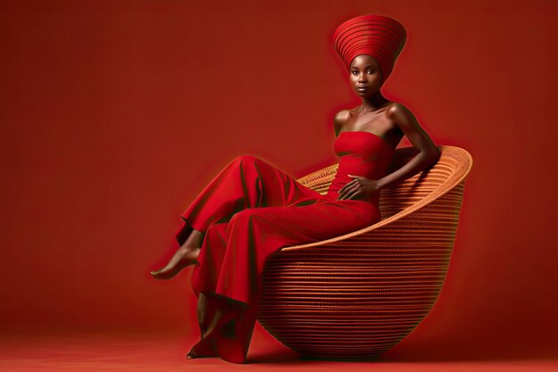 Une femme en robe rouge assise sur une chaise.