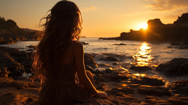 femme en robe rouge au coucher du soleil