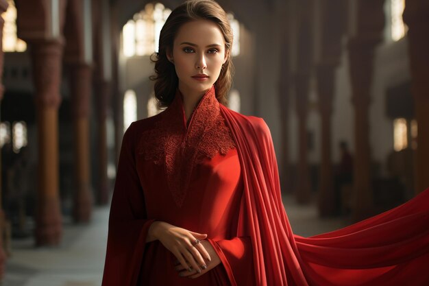 Femme en robe rouge et châle