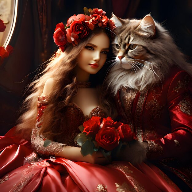 une femme en robe rouge avec un chat et un chat