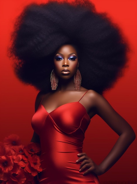 Une femme avec une robe rouge et des cheveux noirs sur fond rouge.