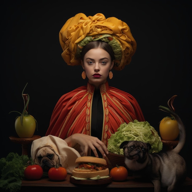 une femme en robe rouge avec un chien et des légumes