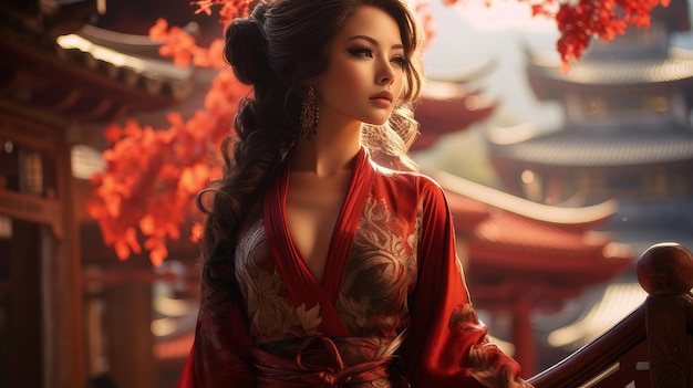 Femme en robe rouge china city