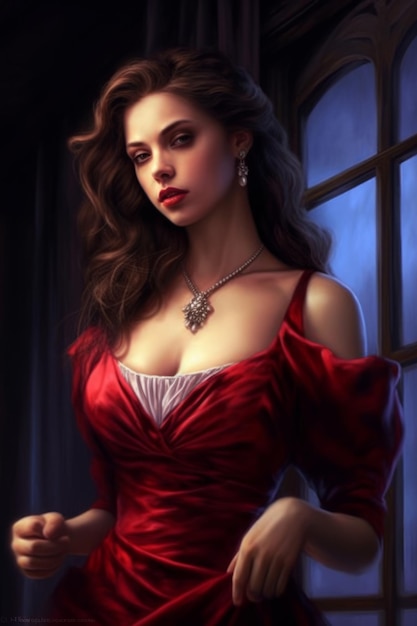 Une femme en robe rouge avec un collier