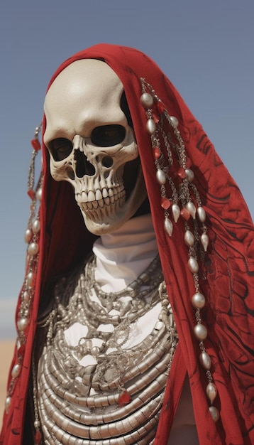 une femme en robe rouge avec un crâne sur la tête.