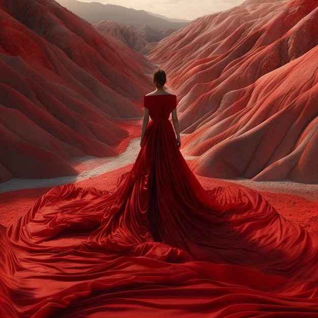 Femme en robe rouge dans les montagnes rendu 3D