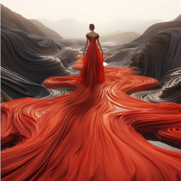 Femme en robe rouge dans les montagnes rendu 3D
