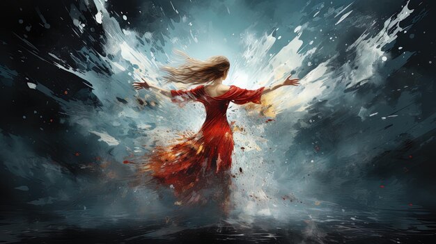 Une femme en robe rouge danse dans l'eau.