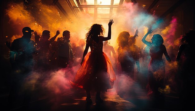 Photo une femme en robe rouge danse dans une pièce avec de la fumée