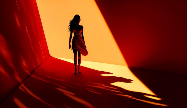 Une femme en robe rouge descend le couloir recouvert d'un tapis rouge.