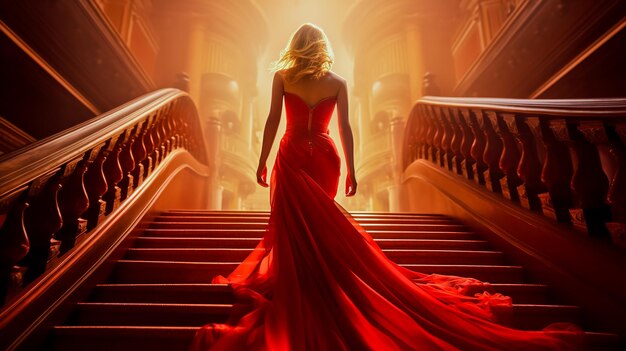 Une femme en robe rouge descend l'escalier recouvert d'un tapis rouge.