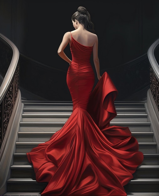 une femme en robe rouge descend un escalier.