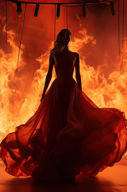 une femme en robe rouge devant un feu