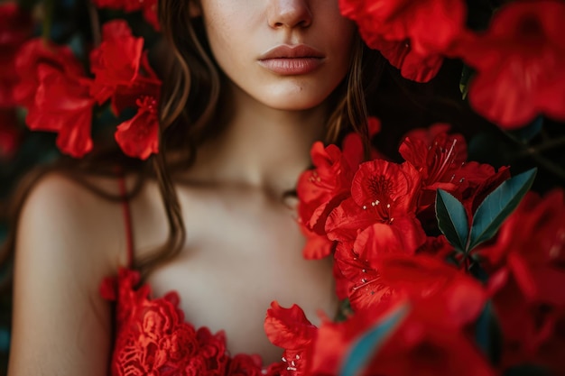 Femme en robe rouge entourée de fleurs rouges