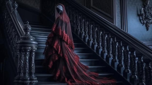 Une femme en robe rouge sur les escaliers.