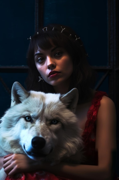 Une femme en robe rouge est assise à côté d'un loup blanc.