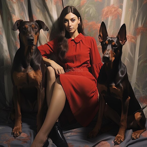 une femme en robe rouge est assise avec deux chiens