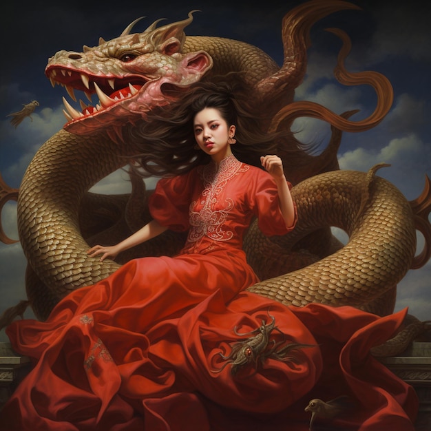 Une femme en robe rouge est assise sur un dragon.