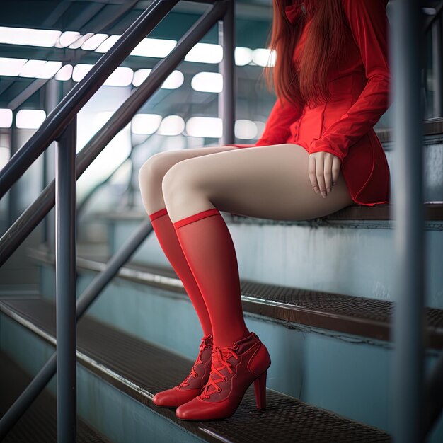 Photo une femme en robe rouge est assise sur un escalier