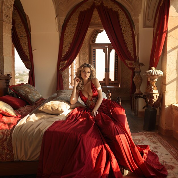 Photo une femme en robe rouge est assise sur un lit avec une couverture rouge