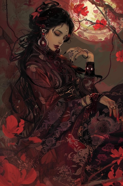 Une femme en robe rouge est assise sur un lit avec un fond rouge