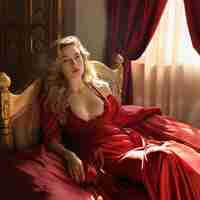 Photo une femme en robe rouge est assise sur un lit