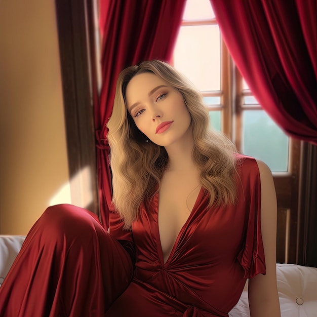 Photo une femme en robe rouge est assise sur un lit