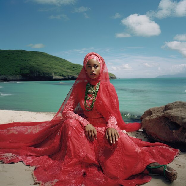 Photo une femme en robe rouge est assise sur une plage