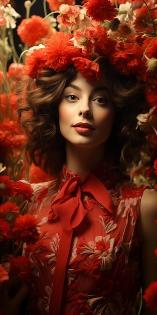une femme avec une robe rouge et des fleurs