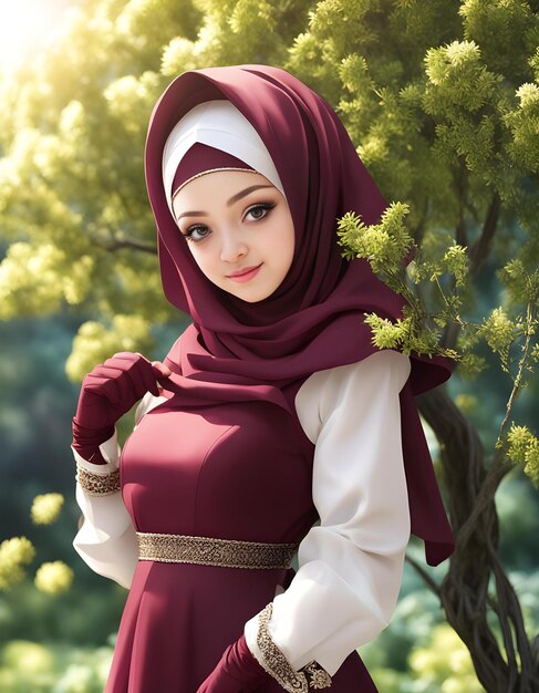 une femme en robe rouge avec un foulard blanc