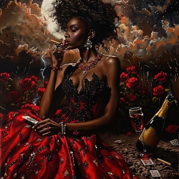 une femme en robe rouge fume une pipe et fume une bouteille de vin