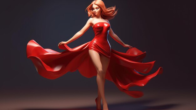 Une femme en robe rouge avec une jupe fluide