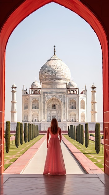 Photo une femme en robe rouge marche dans une cour avec une porte rouge devant un bâtiment.