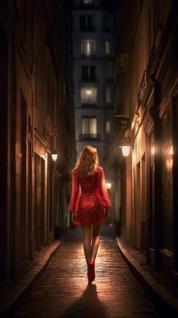 Une femme en robe rouge marche dans une ruelle sombre avec des lumières allumées.