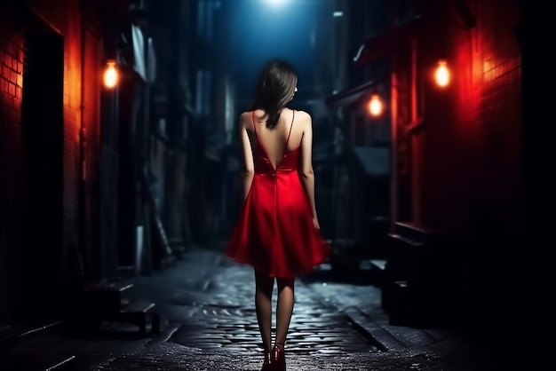 Une femme en robe rouge marche dans une ruelle sombre