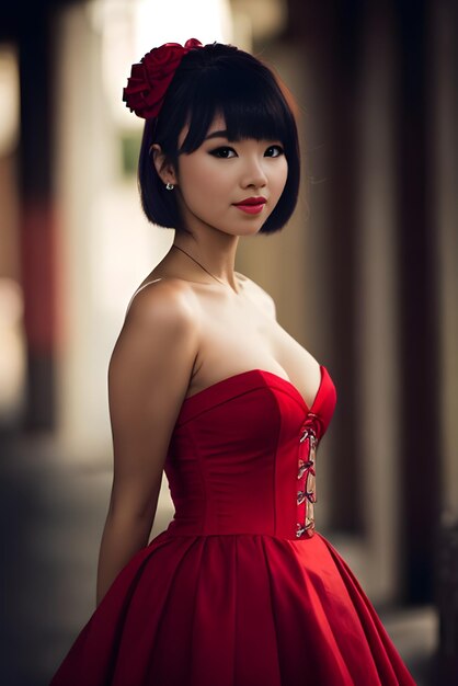 Une femme en robe rouge avec le mot amour sur le devant