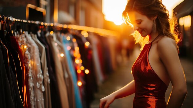 Une femme en robe rouge parcourant des vêtements dans la rue